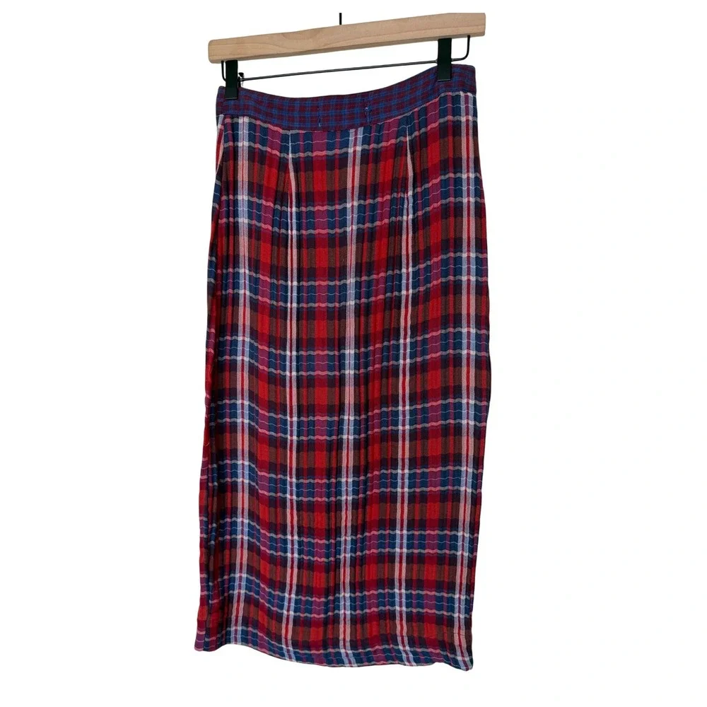 Urban Outfitters Jo Plaid Midi Skirt Red Blue Tartan Pencil S Grunge 90's Preppy - Picture 3 of 15